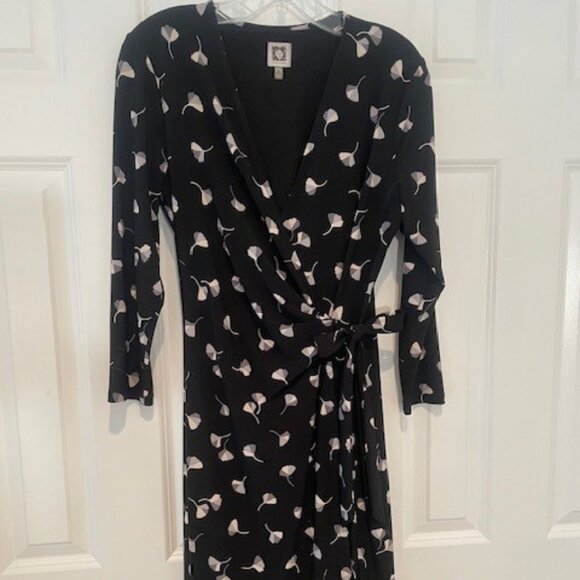 Anne Klein Faux Wrap ¾ Sleeve Black, Gray & Taupe Print Dress – MEDIUM - Picture 1 of 15